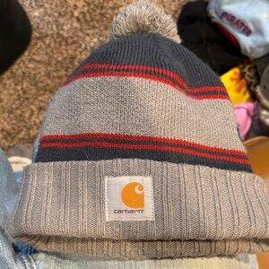 Carhartt Gray, Navy & Red Striped Pom Beanie